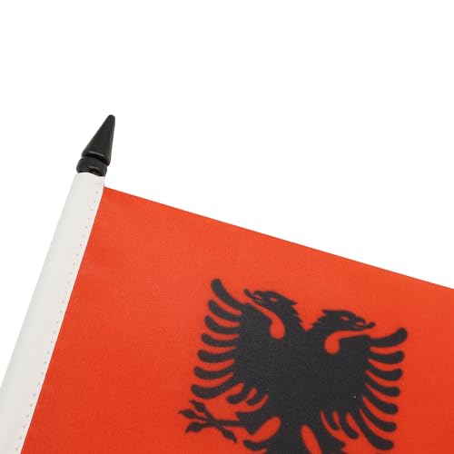 Image of Albania Table Flag 4'' x 6'' - Albanian Desk Flag 15 x 10 cm - Black plastic stick and base - AZ FLAG