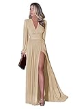 Dimei V Neck Chiffon Bridesmaid Dresses Long Sleeve Ruched Formal Dresses with Slit A Line Simple Party Dresses for Women Elegant Champagne 4