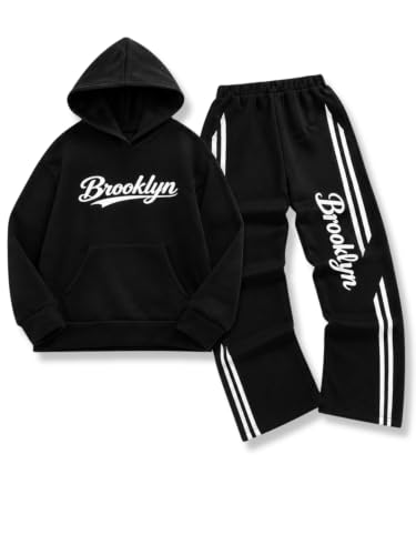 Klyatpxoen Size 11 12Y Teen Boy Clothes 2 Piece Outfit Long Sleeve Hoodie Sweatshirt + Pants Fall Fashion Clothing Set Black(11-12Y)