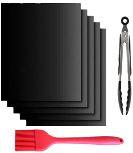 Vrent Tapis de Cuisson Barbecue 40 * 60 cm, 5 Pièces Gaz/Electrique/Charbon BBQ Tapis Four Non Stick Four en Téflon, Réutilisable, Nettoyage Facile et Anti-adhérent, Peut être coupé