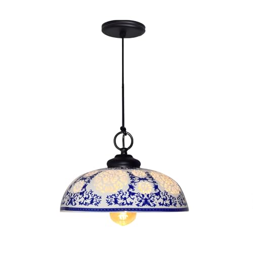 Suspension porcelaine bleue et blanche ajourée idéale pour îlot de cuisine