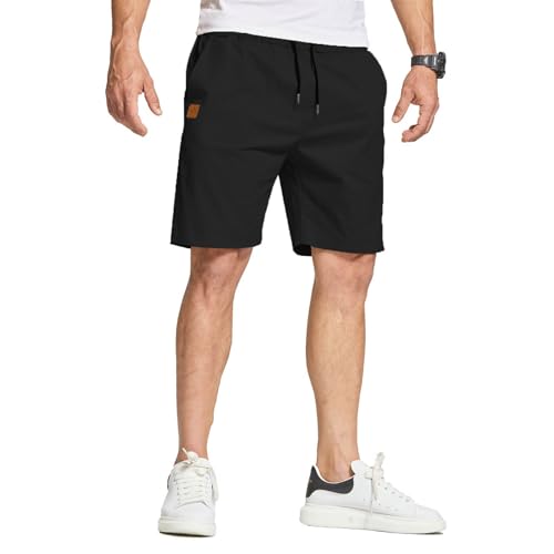 JustSun Mens Shorts Casual Summer Shorts Men with Pockets Mens Cotton Chino Sports Shorts with Elastic Waist Black M