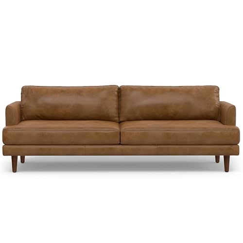 SIMPLIHOME Livingston 90-inch Wide Sofa in Caramel Brown Top Grain