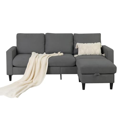 Advwin 3 Seater Sofa, Linen L-Shaped Convertible Sofa Couch with Storage Ottoman, Modern Sectional Couch with Chaise, 198 x 134 x 84cm, Grey