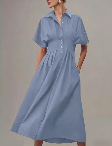 Image of Yeokou Shirt Dress for Women Summer Casual Short Sleeve Button Down Loose Pleated Maxi Sundress with Pockets