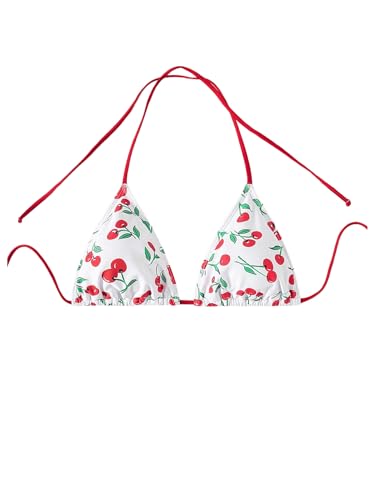 WDIRARA Women's Cherry Print Triangle Bikini Tops Halter Micro Cute Swimsuit Top