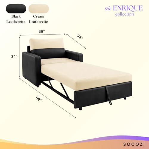 Image of SOCOZI Enrique 1 Seater Sofa Cum Bed | Premium Leatherette Upholstery | Modern Convertible Design | Comfortable Seating & Sleeping Solution for Living Room (Black-Cream)