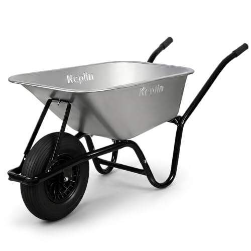 Keplin 85L Garden Wheelbarrow with Pneumatic Tyre Heavy Duty Single Wheel Steel Garden Barrow Supports 150kg Load Capacity Large Wheelbarrow for Soil Gravel Compost & Outdoor Work