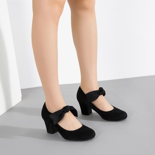 Women's Bow Mary Jane Block Heel Pumps Closed Round Toe Low Chunky Heels Ankle Strap Wedding Dress Evening Party Shoes3