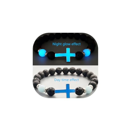 8mm Natural Volcanic Stone Bracelets for Men,Luminous Cross Bracelets,Healing Crystal Elastic Stretch Beads Bracelet,Religion Holy Communion Bracelet for Women