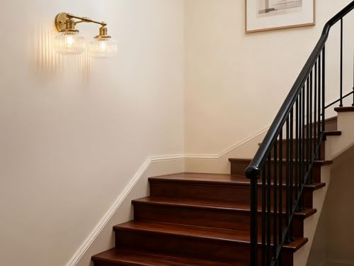 Image of Phansthy Vintage Hardwired Sconces Wall Lighting, Bathroom Vanity Light Fixtures Antique Brass, Modern Wall Light with Clear Striped Glass Shade for Bedroom Fireplace Hallway (Antique Gold, Two-Light)