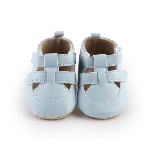 Image of HsdsBebe Baby Boys Girls Pu Leather Hard Bottom Walking Sneakers Toddler Rubber Sole First Walkers Infant Cartoon Slippers Crib Shoes(JML6165 Blue,3)