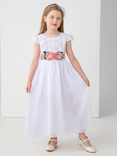 ABAO SISTER First Communion Dress White Gown with Satin Waist Belt Lace Cap Sleeves Pink Floral Sash Flower Girl Dress2