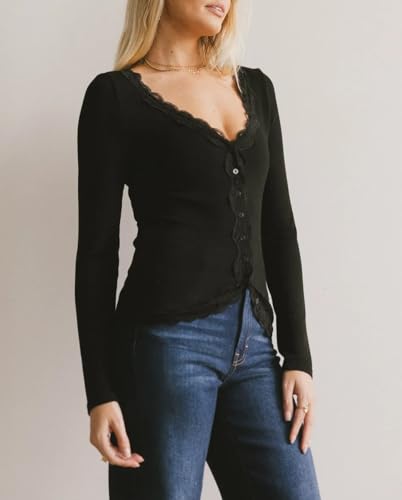 Womens Cardigans Lightweight Long Sleeve Button Down V Neck Slim Fit Lace Trim Top3