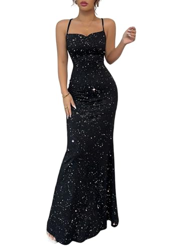 GORGLITTER Damen Spaghettiträger Kleider Lang Ärmellos Partykleid Trägerkleid Fischschwanz Glitzerkleid Abendkleid Rückenfrei Party Outfit Schwarz...