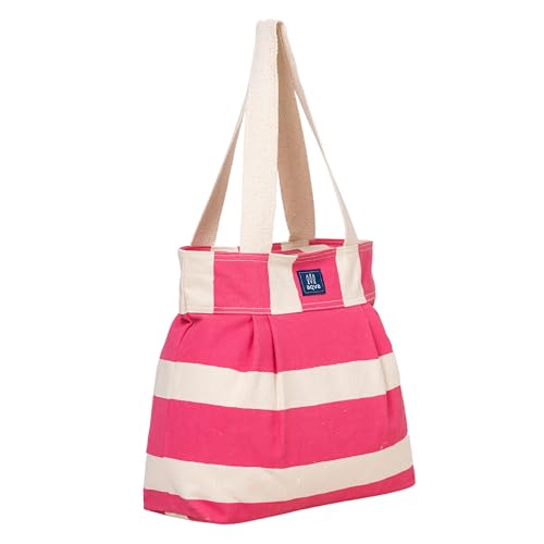 Image of AQVA Striped Cotton Canvas Shoulder Tote Bag for Women with Sturdy Strap Multipurpose Handbag with Zip Closure for Travelling, Shopping and Work