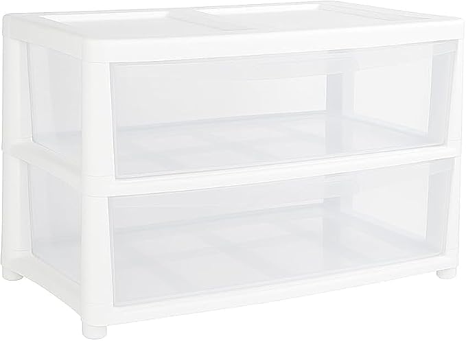 ALEEZ 2 Tier Jumbo White/Clear Storage Drawers - Plastic Storage Cabinet, Modular Drawer Organiser - Transparent Closet Storage Unit for Bedroom, Office, Nursery, Crafts, Clothes & Household Items