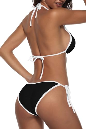 Image of Suvimuga Women Two Piece Swimsuit Color Block Swimwear Halter String Triangle Bikini Sets