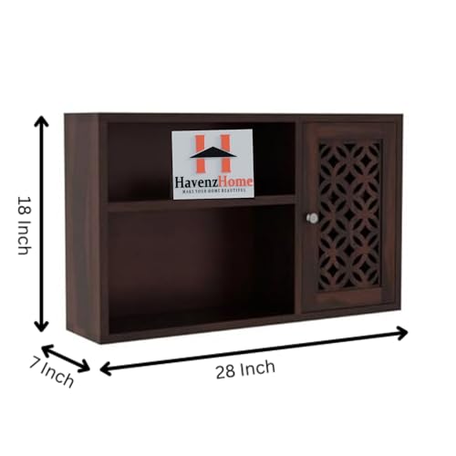 Image of Solid Sheesham Wooden Wall Shelf with Lattice Door, 71x46x18 cm | Sheesham Wall Mount Shelf, Book Storage Rack for Living Room | Bedroom | (Dark Walnut -1)