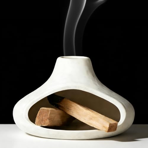 Ceramic Palo Santo Holder with Mini Chimney Ash Catcher Incense Holder for Palo Santo Sticks Sage Bundles Incense Cones Fireplace Style Smudge Bowl for Meditation Yoga Home Decor(White)