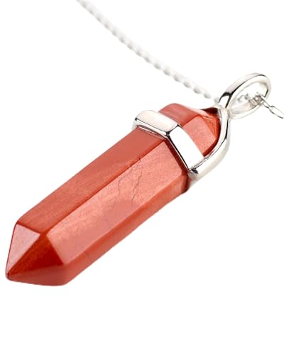 LAVISA Obelisk Halskette - Luxuriöse Edelsteinkette, Anhänger, Halskette, intensive Farben, Rosenquarz, Amethyst, Kette - 55 + 5 cm (Roter Jaspis)