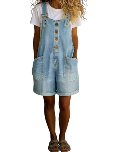 chouyatou Womens Y2K Denim Shortalls Button Front Wide Leg Loose Bib Jean Overalls Shorts Romper Jumpsuits (Medium Light Blue)