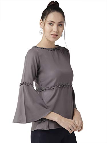 Image of Style Quotient Grey Polyester Solid Flared Sleeves Casual Tops