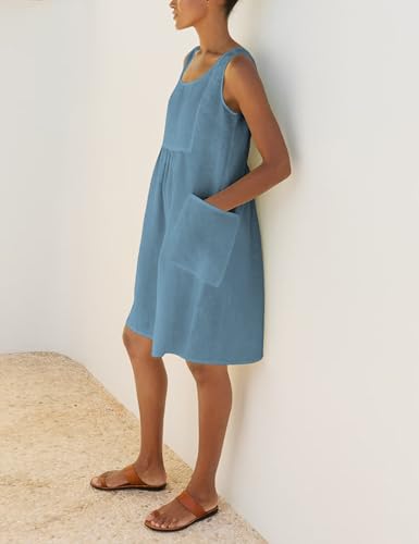 Image of Watashi Women Summer Sleeveless Dress Casual Cotton Linen Sundress Midi Tunic Tank Beach Dress with Pockets(Bluegrey-M)