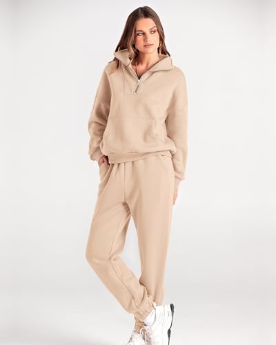 BTFBM Women 2 Piece Tracksuits Fall Winter 1/4 Zip Sweatshirt Jogger Pants Matching Lounge Sets Thick Sweatsuits Pockets3