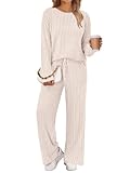 LILLUSORY Womens Lounge Sets 2 Piece Matching Pajamas Fall Fashion 2026 Ribbed Knit Outfits Long Sleeve Casual Sweatsuits Trendy Plus Size Sweaters Cute Sleep Wears Travel Soft Clothes Apricot M