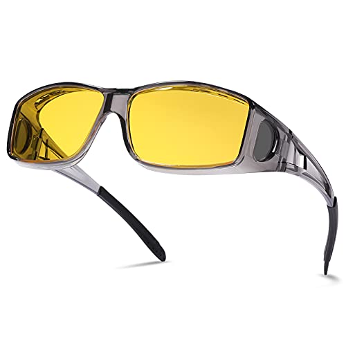 NULOOQ Sunglasses Fit Over Glasses, Polarized Lens Wear Over Prescription Glasses, Wrap Around Sunglasses for Men Women (Transparent Gray Frame/Night Vision Yellow Lens)
