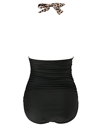 RXRXCOCO Badeanzug Damen Raffungen Bauchweg V Ausschnitt Push Up Shape Bademode Neckholder Einteilige Rückenfrei Badeanzug Leopard Schwarz XL