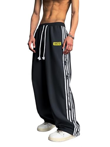 OYOANGLE Men's Side Striped Sweatpants Letter Print Drawstring Waist Straight Leg Track Pants