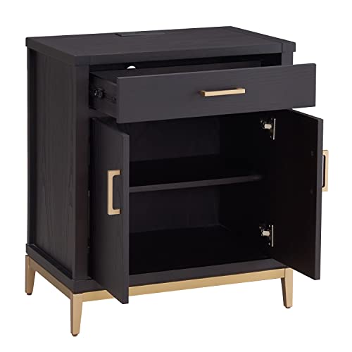 Image of Leick Home Julien Nightstand Side Table One Drawer and Lower Cabinet Modern - Fast Charging Station - Durable Solid Wood - Living Room, Bedroom, Office, Black with Gold Trim, 9079-BLKGD