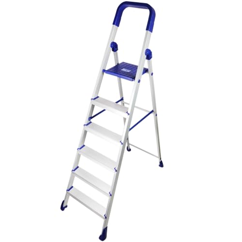 Image of CIPLA PLAST Step Ladder for Home Use | Foldable Aluminium Ladder for Home with Scratch Resistant | Anti Skid Shoes and Extra Strong Wide Steps | Home Pro Steps - (Silver & Blue) (6 Steps)