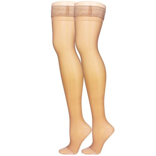 Image of NuVein Sheer Compression Stockings for Women, 15-20 mmHg Support, Medium Denier, Thigh High, Closed Toe, Beige, X-Large