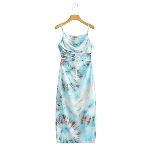 Robe à enfiler imprimée satin bleu femme taille M à nouer printemps - 2