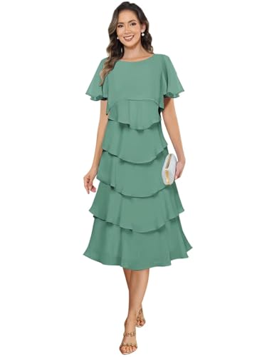 BANTRATIC Women's Tea Length Mother of The Bride Dresses for Wedding Chiffon Crew Neck Tiered Formal Prom Cocktail Gown