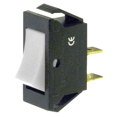 Interruttore unipolare a bilanciere SPST ON-OFF con tasto di colore bianco, progettato per montaggio a foro passante 27x12 mm. Ideale per applicazioni di comando semplici su pannelli di controllo, quadri elettrici, apparecchiature industriali leggere, banchi di prova e dispositivi dove è richiesta una chiara indicazione visiva di emergenza o spegnimento.