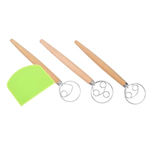 ARTIBETTER Batidor de Harina Espiral de 33 CM con Mango de Madera de Roble Batidor Manual para Masa Madre y Huevos Kit 4 Piezas con Raspador Verde para Repostería y Cocina Doméstica