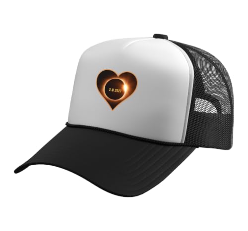 Total Solar Eclipse 2 August 2027 Europe Heart Pocket Trucker Hat with Adjustable Mesh Back, Black/White