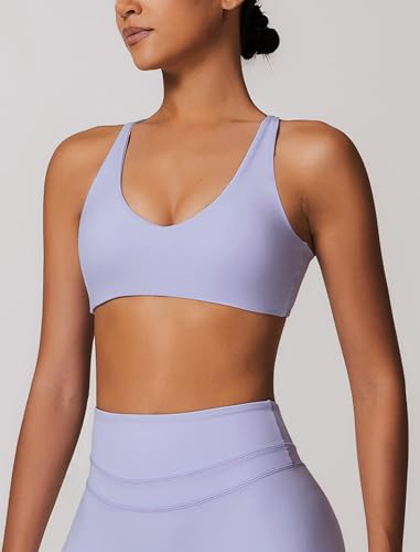 Image of ABOCIW Womens V Neck Twist Back Sports Bra Padded Low Impact Fitness Yoga Bra Workout Crop Top