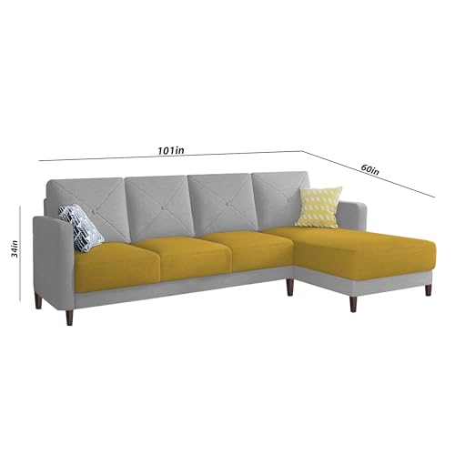 Image of Baloney RHS 6 Seater L Shape Sofa Set for Living Room (Yellow Grey Fabric) Premium Fabric Sofa