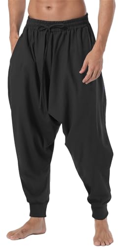 AITFINEISM Hombre Pantalones Harem Cómoda Cintura Elástica Pantalones Moda Color Sólido Casuales Yoga Hippies Pantalones (Negro 1, L)
