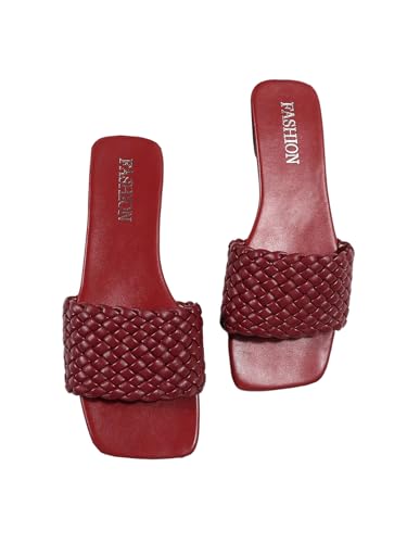 Women's Braided Flat Sandals Woven Square Open Toe Slip on Beach Slide Sandals