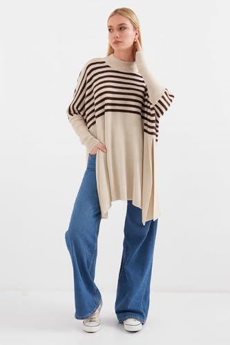 Image of Women's Crew Neck Batwing Sleeve Split Hem Oversized Knit Poncho Sweater