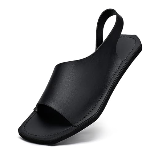 Men'S Leather Flat Sandals Summer Breathable Square Toe Open Toe Strap Business Casual Slippers Suitable For Beach Driving Walking