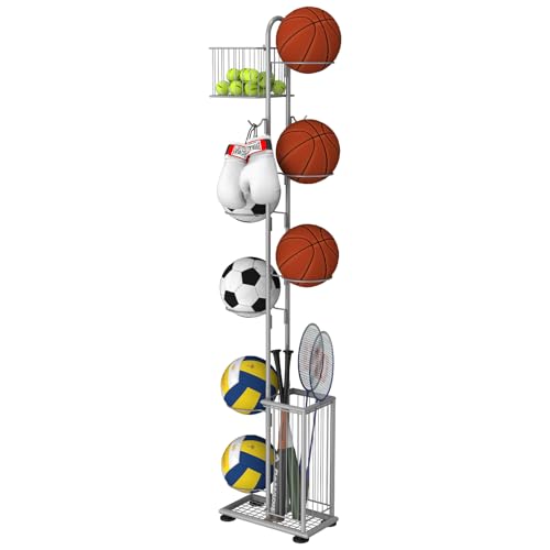 FAGIGY 7 Tier Ball Storage Rack, Basketball Holder, Garage Sports Equipment Organizer with Basket...