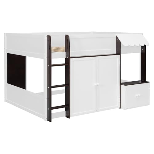 Image of Full House Loft Bed with Playhouse & Storage, Modern Wood Cabin Bed for Kids /Teens (Espresso+White)