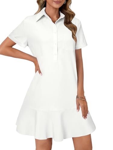Image of OPOIPIN Women's Collared V Neck Stripe Short Sleeve Button UP Ruffle Hem Shirt Tunic Mini Dress